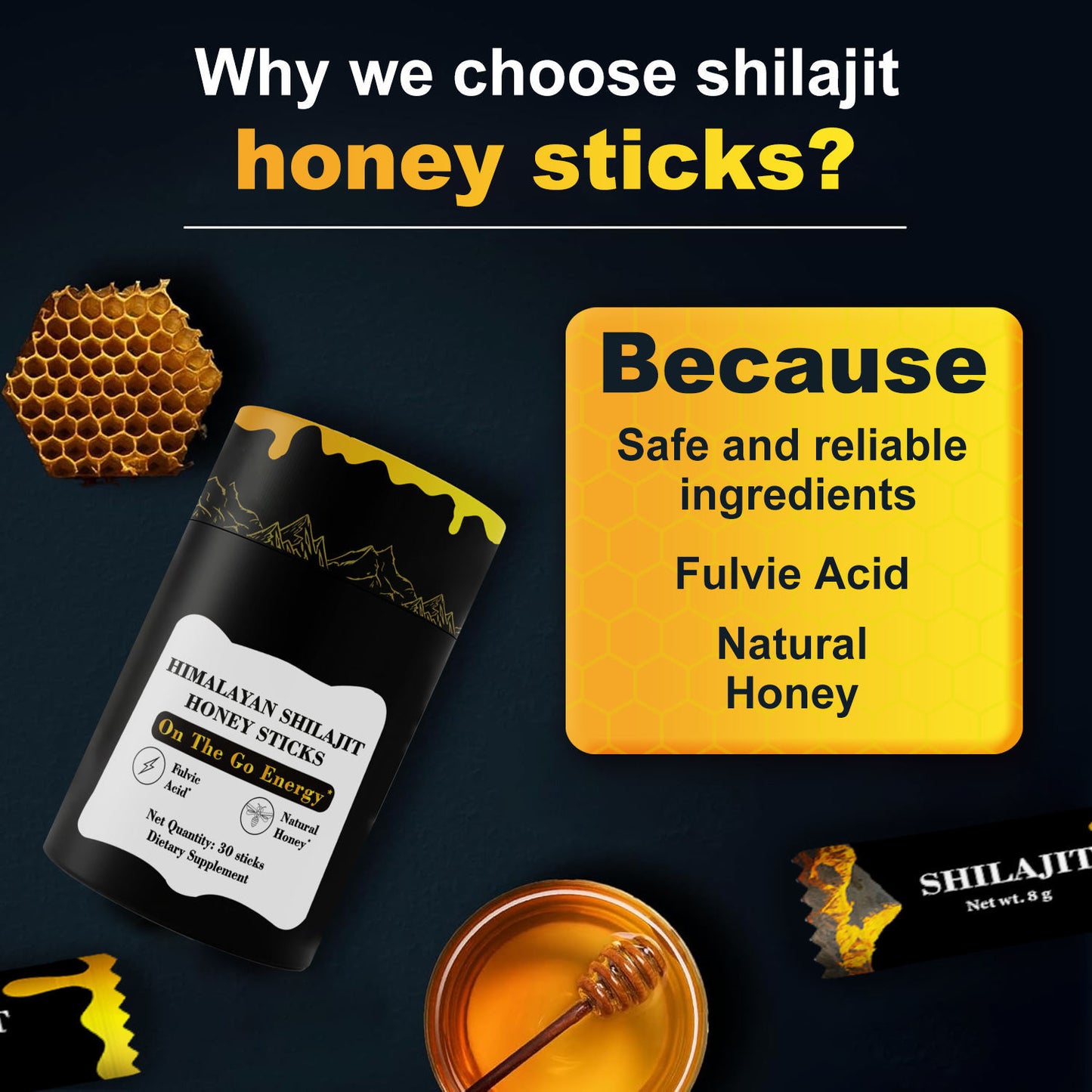 Himalayan Shilajit Honey Stick Dietary Supplement For Providing Energy 30 Sticks Honey Flavor